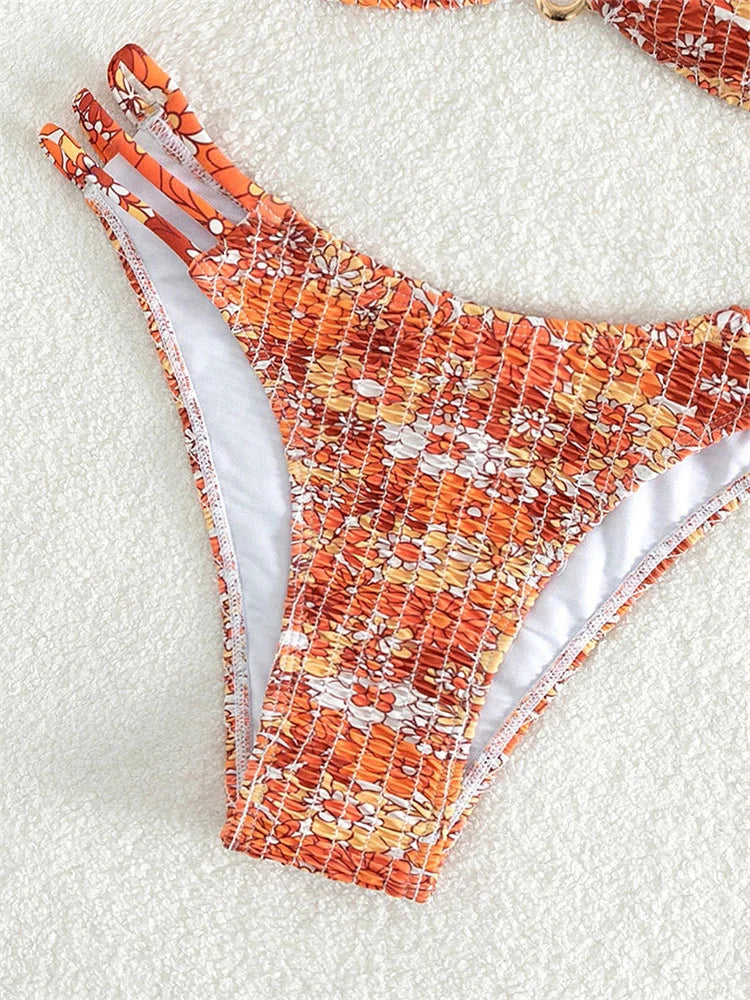 Sexy Pleate Micro Bikini Women U Neck Push Up Orange Floral Print Micro Swimsuit 2025 Summer Bathing Suit Lace Up Thong Swimwear