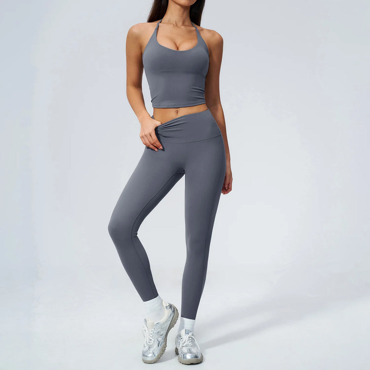 Women Tracksuit 2PCS Seamless Yoga Sets Hanging V Neck Slim Sports Tank Top Fitness Outfits Gym Running High Waist Leggings Suit