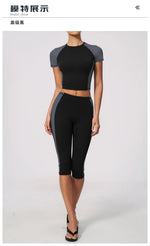 Color Blocking 2PCS Yoga Set Women's Tracksuit Short Sleeve O Neck Sports T Shirts High Waist Cropped Pants Tight Fitness Suits