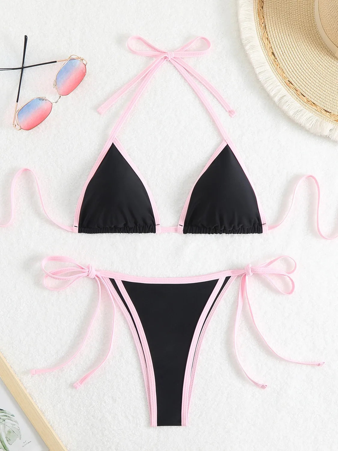 Sexy Micro Bikini 2025 Women Pink Blue Contrast Push Up Tie Side Thong Swimsuit Brazilian Beach Bandage Bathing Suit Swimwear