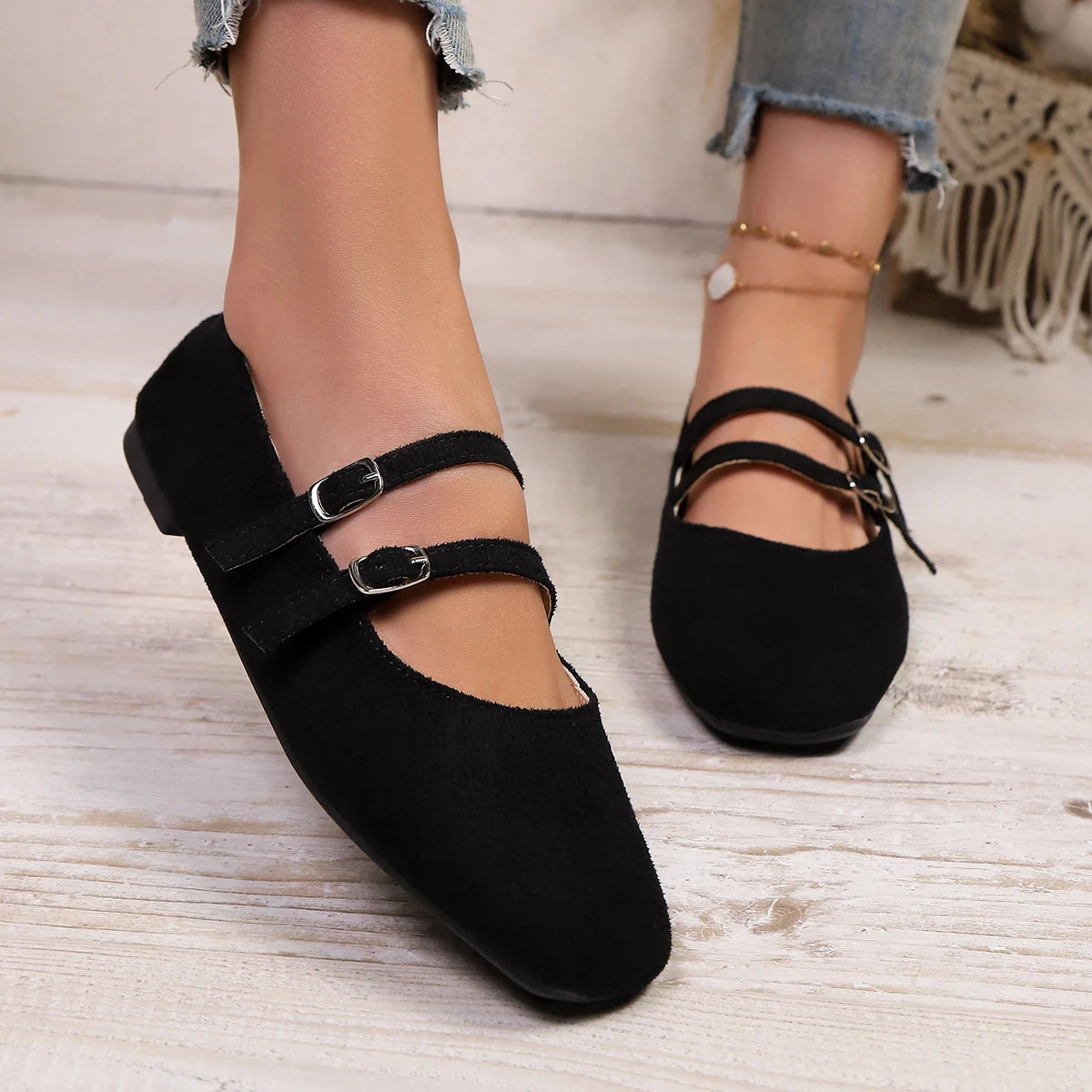 Women Suede Square Toe Double Strap Mary Jane Flats Buckle Slip‑On Soft Flat Shoes Large Size Casual Office Ladies Shoes