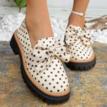 Women Polka‑Dot Bow Platform Loafers Round‑Toe Slip‑On Lug‑Sole PU Leather Contrast Stitching Vintage Casual Daily Shoes