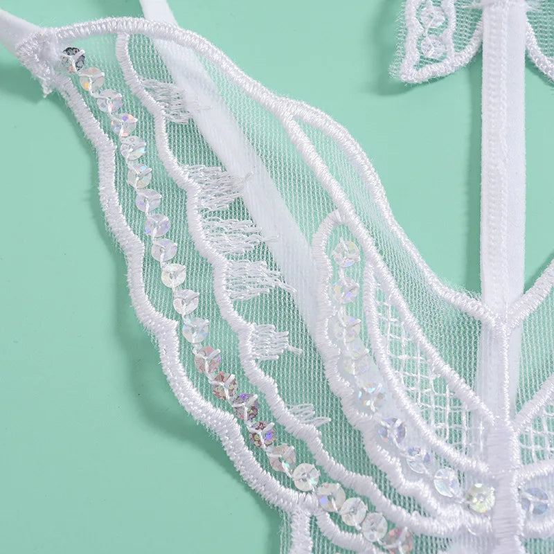 Double-Layer Thin Strap Sexy Thong Butterfly Embroidery Low Waist Sexy Bikini Pure Lace Sequins T-Shaped Panties Sexy G-strings