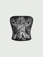 Women Gothic Print Tube Top Summer Y2K Clothes Sleeveless Off the Soulder Crop Top Streetwear