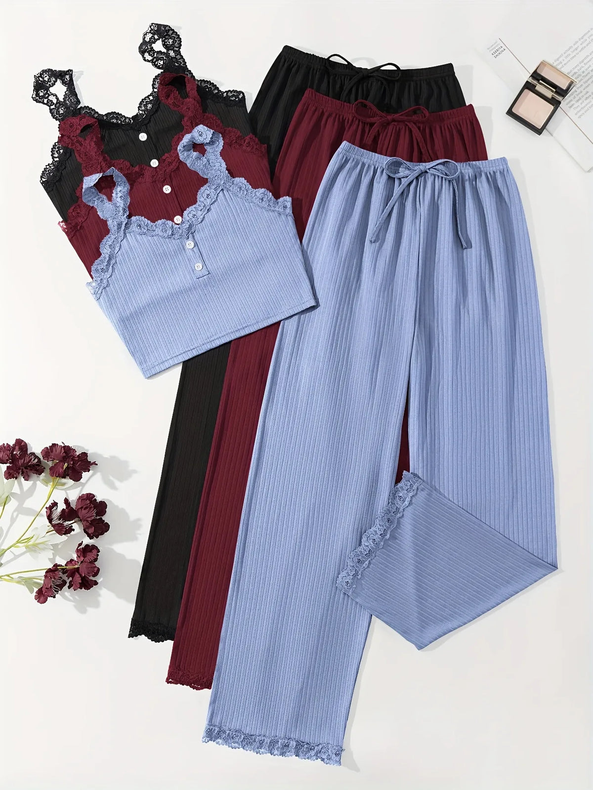 Women Ribbed Pajama Set Lace Trim Cami Top and Pants Sleepwear Soft Breathable Button Front Loungewear