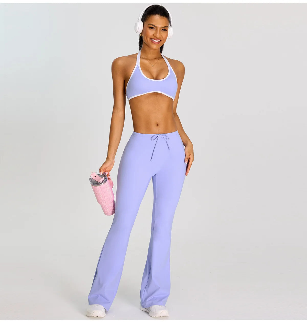 Breathable Yoga Suit for Women Color Contrast Shockproof Sports Bra Drawstring High Waist Pants Gym Running Fitness Suits
