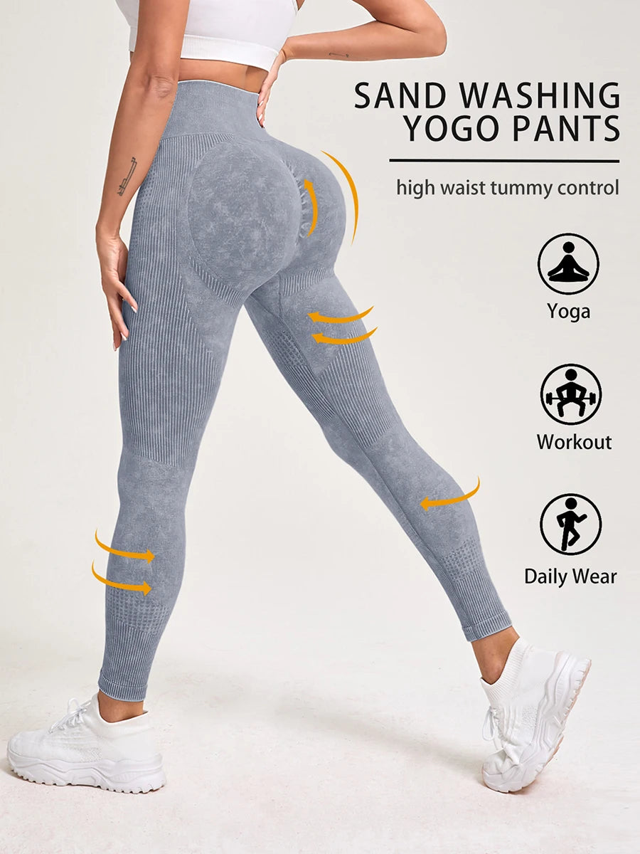 Retro Stone Wash Sportswear Woman Gym Yoga Pants Distressed Seamless High WaistWomen Sports Leggings Tummy Control Squat-Proof