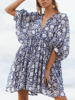 Foridol Lantern Half Sleeve Cyan Bohemian Beach Midi Loose Dress Summer for Women Tie Up Casual Floral Holiday Midi Vestidos