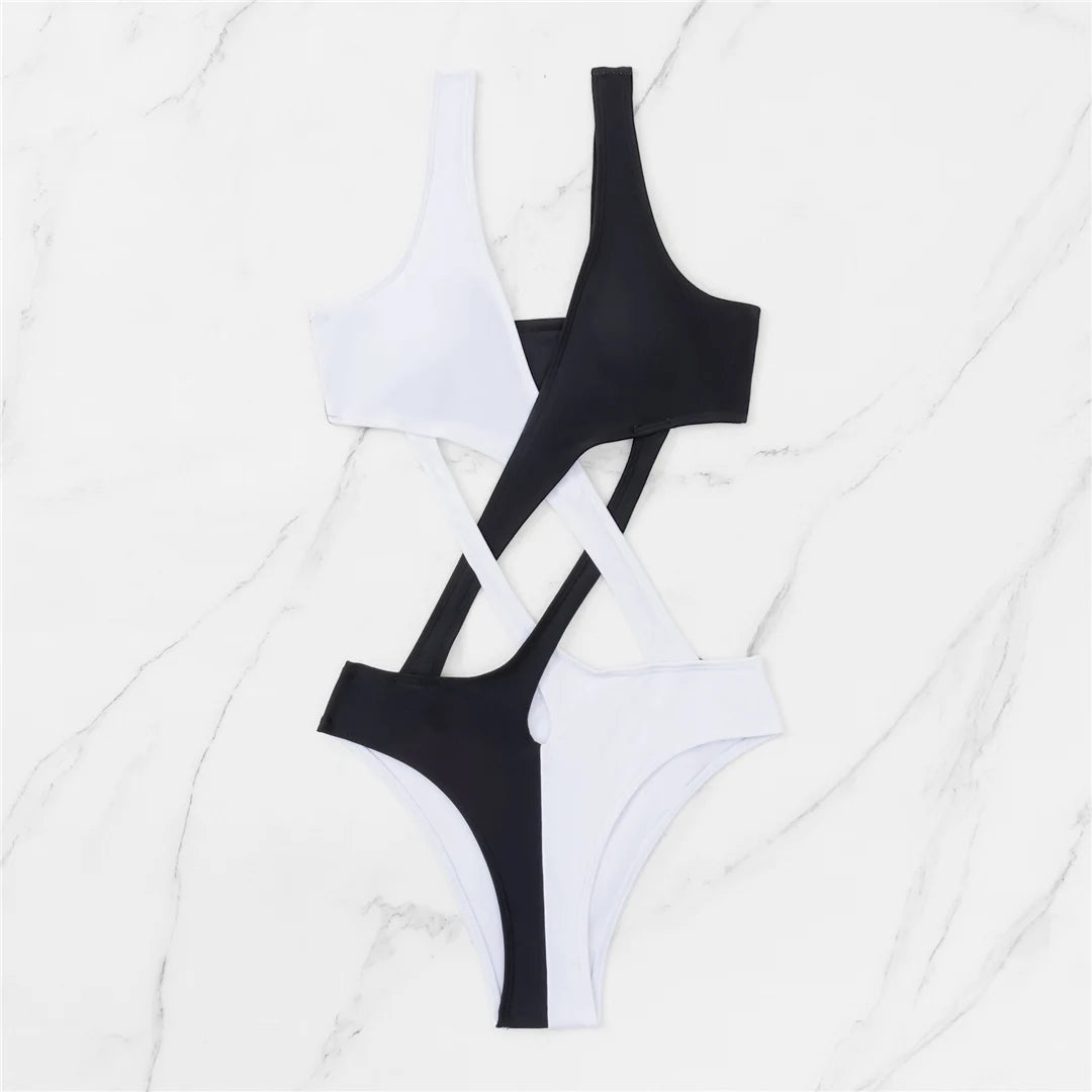 S - XL Splicing V Neck High Leg Cut Women Swimwear One Piece Swimsuit Female Monokini Padded Bather Bathing Suit Swim V5095SW