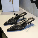 BIGTREE Crystal Mesh Fabric Pointed Toe Slippers Women Sexy Elegant Buckle Strap Party Prom Thin Low Heels Mule Shoes