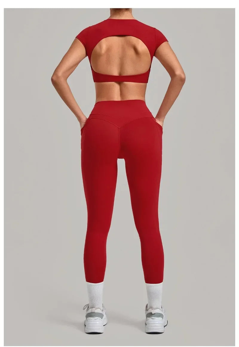 Women's Seamless Yoga Sets Sports Running High Waist Hip-lifting Pants Backless Short-sleeve Suits Workout Fitness Leggings Sets