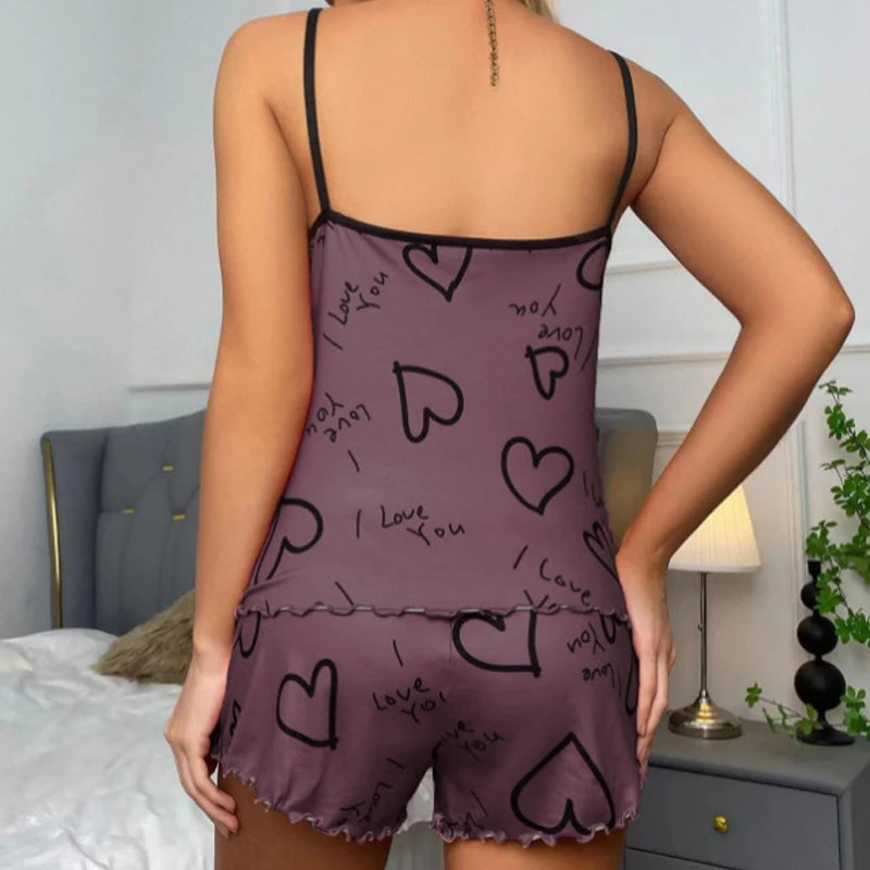 Sexy Summer Women Pajamas SetHeart Print Sleepwear Cotton Home Clothes Tops And Shorts Cute Soft Sleeveless Nightwear XXXL