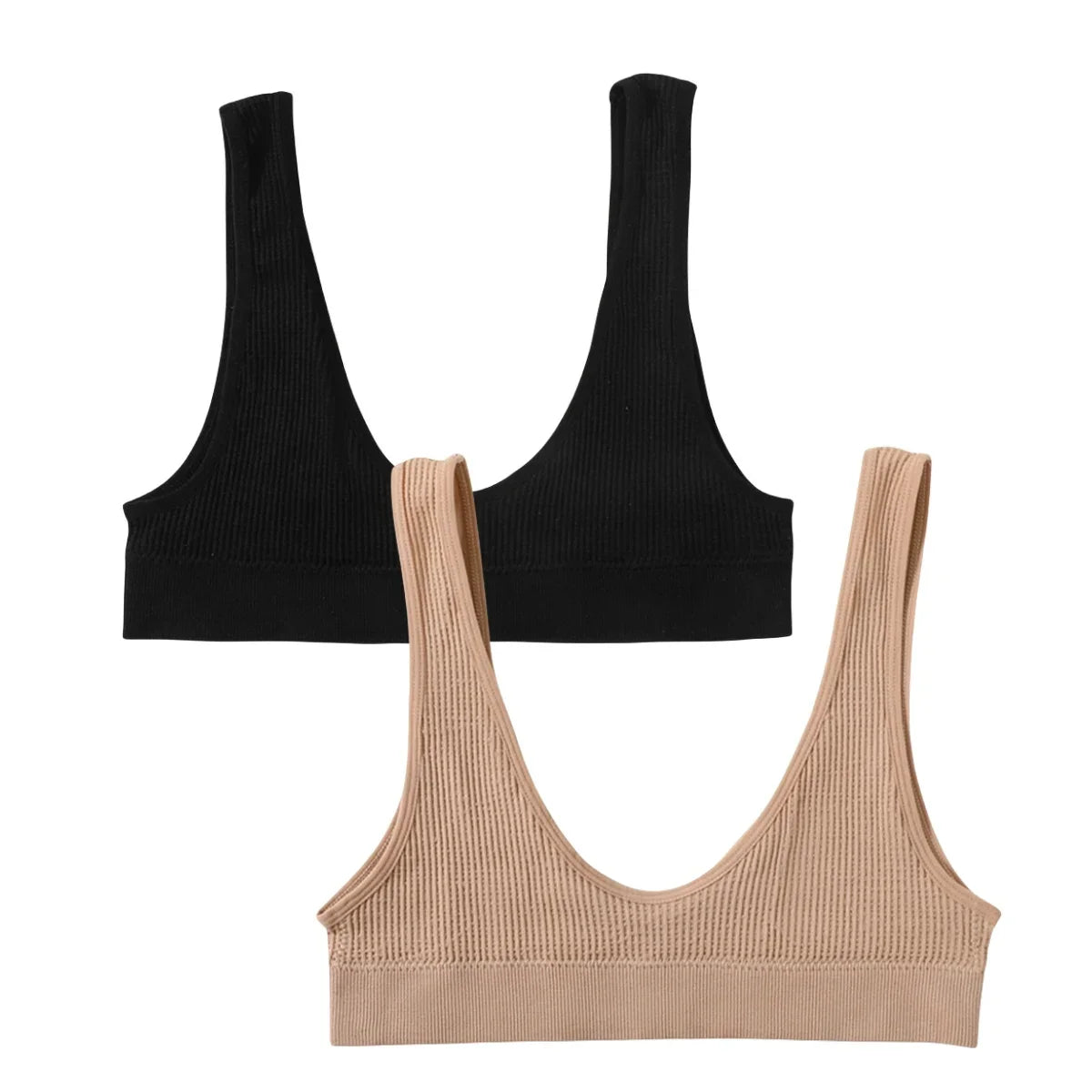 2Pcs/Set Women Non-wire Bra Crop Top Seamless Underwear Female Plunge Bra Tops Ribbed Sexy Lingerie Sports Intimates