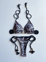 2026 Sexy Leopard Print Swimwear Women'S Split Bikini Set Woven Rope Strap Fringe Beach Women'S Two-Piece Swimsuit Bathing Suit
