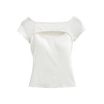 Korean Style Goddess Off-Shoulder Casual Elegant Sexy Hot Girl Top Women Hollow Out Short Sleeved Solid Color T-Shirt Charm 7O4B