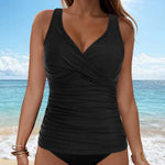Women's Removable Padded Tankini Top V Neck Waist Defining Ruffled Separate Swimsuit Top Ruched Support Bathing Suit Swim Top