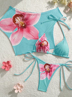 Sexy Pink Floral Print Short Sleeve Cover Up 3 Piece Bikini Set 2026 Women Push Up Thong Swimsuit Holiday Bathing Suit Swimwear