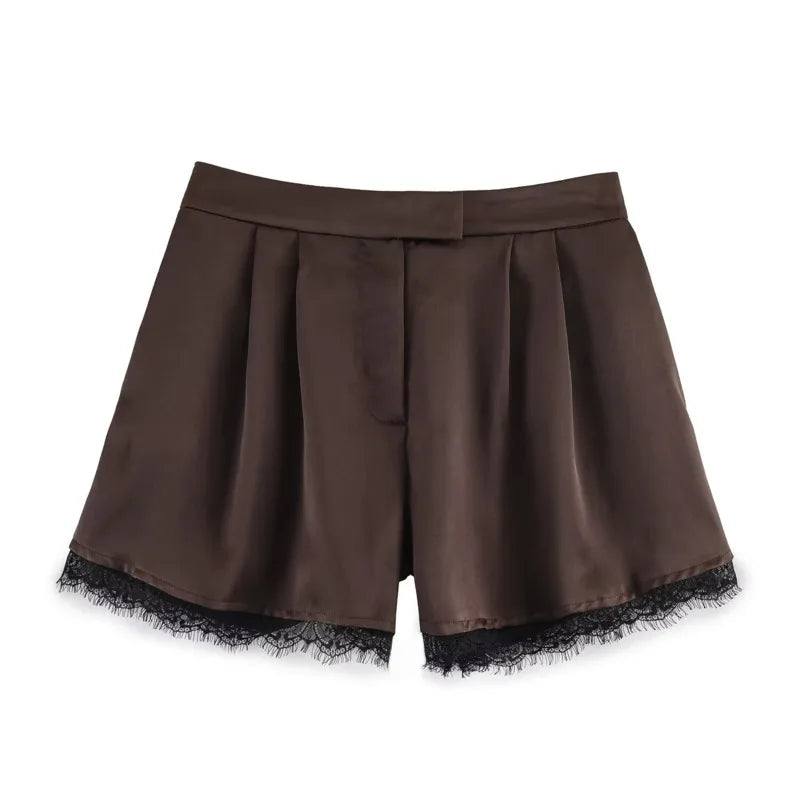 Women's Fashion Satin Texture Casual Style Shorts Elegant Brown Satin Pleated Shorts For Women High-Waisted Black Lace Trim PPDS