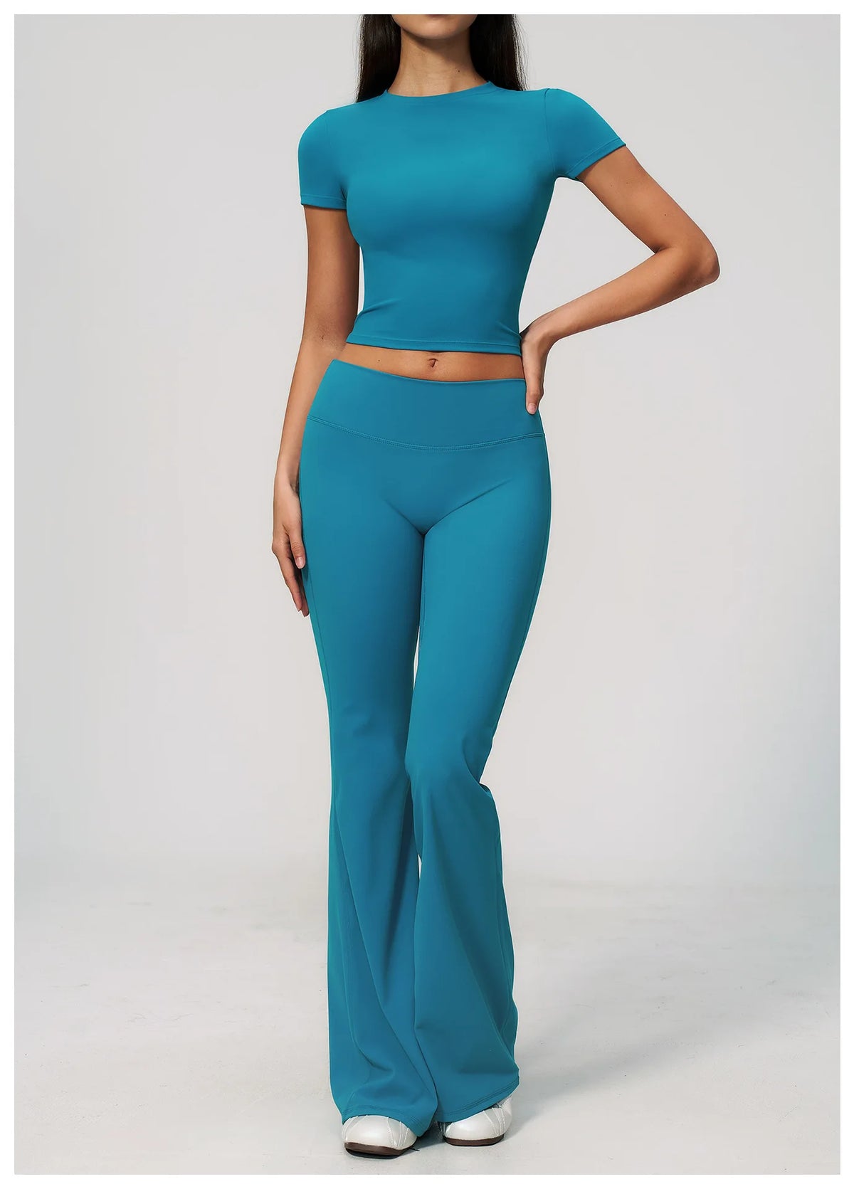 Creamy 2 Pieces Workout Suit Women Yoga Outfits Short Sleeve O Neck Slim Sports T Shirts High Waist Flare Pants Gym Fitness Sets