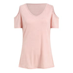 Women V Neck Cold Shoulder Short Sleeve T Shirt Soft Loose Fit Solid Color Basic Tees Spring Summer Casual Daily Streetwear 2026