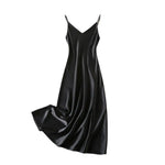 Women Evening Dress V Neck Low Cut Spaghetti Strap Solid Color Backless Dress-up Sleeveless Satin Wedding Party Midi Dress