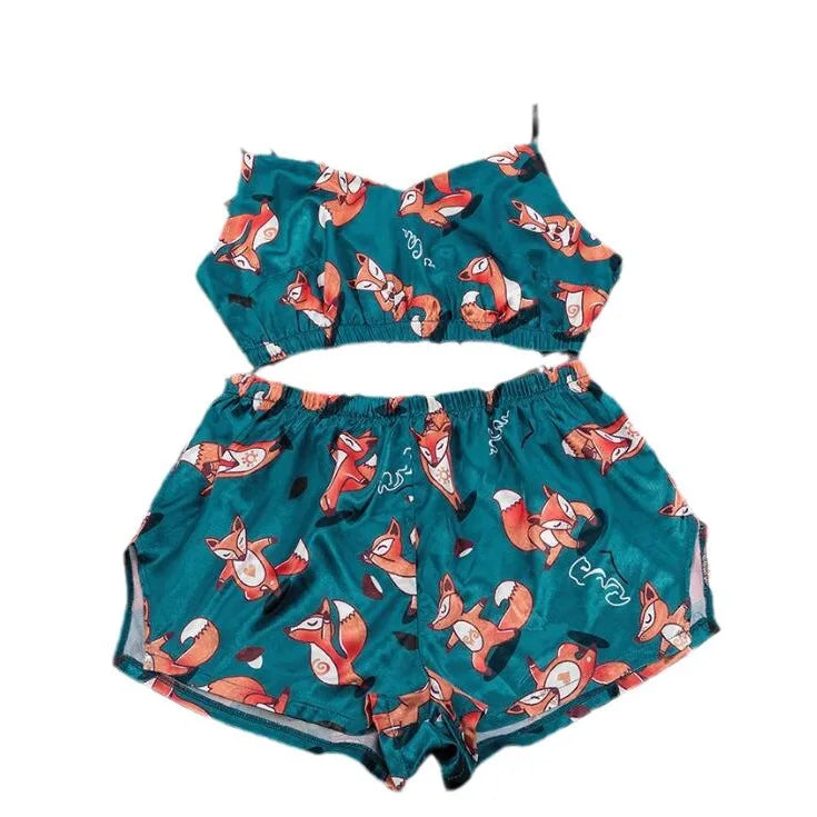 Women's Printed Satin Camisole & Lace Trim Shorts Set – Sexy Loungewear | European & American Bestseller