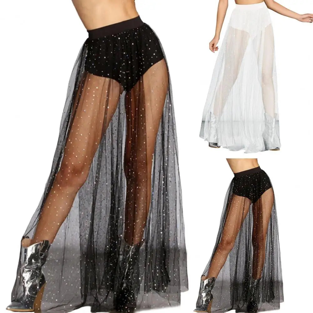 High Waist Pleated Lace Mesh Yarn Skirt Sexy Perspective Skirt Elastic Shiny Rhinestones Decor Maxi Skirt Nightclub Daily Wear