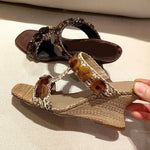 Boho Raffia Comfortable 8cm High Heels Wedge Slide Mules T-Strap Vacation Beach Straw Heels Espadrille Wedge Sandals Women Shoes