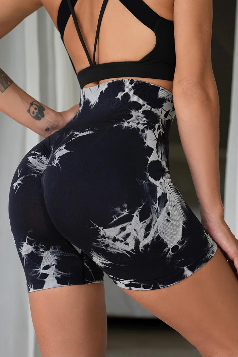 Tie Dye Yoga Shorts Marble Gym Shorts Women Push Up Sports Shorts Women Fitness Tights Breathable High Waist Booty Shorts