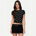 Women's summer fashion retro polka dot short-sleeved printed slim round neck top