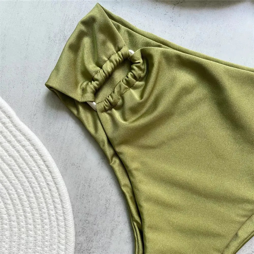 Brown Shiny U Shaped Bikini High Waist Sexy Swimsuit Women 2026 Wrinkled Solid Swimwears Bathing Suit Bandeau Bikinis Sets Mujer
