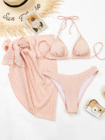 2026 New 3 Pieces Set Swimsuit Women Thong Swimwear Sexy Micro Bikini Set With Sarong Skirt White Beachwear Bathing Suit Pink