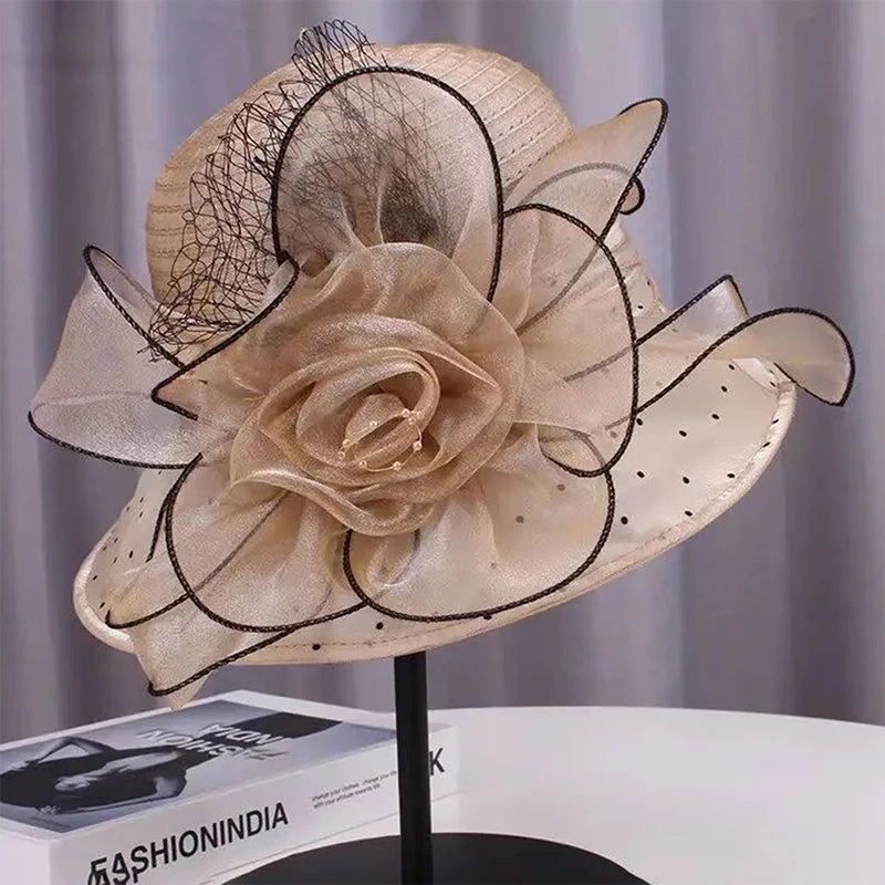 Women's Organza Flower Sun Hat Wide Brim Bucket Cap Wedding Church Dress Hat Fascinator Bridal Tea Party Hat