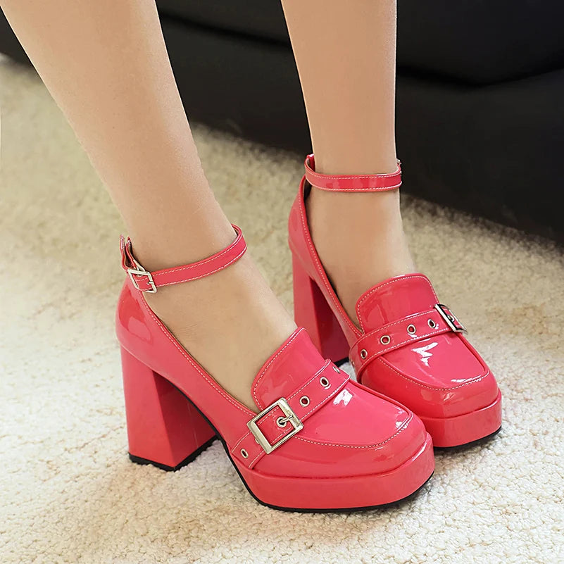 Plus Size Smooth Patent Leather Instep Metal Belt Square Buckle Platform High Thick Heel Ankle Buckle Sweet Lolita High Heels