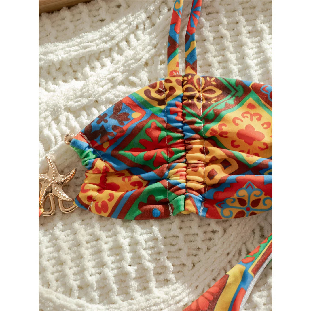 Printed Mini Micro Thong Bikini Women Swimwear Female Swimsuit High Leg Cut Bather Bathing Suit Swim Two-pieces Bikini set K8096
