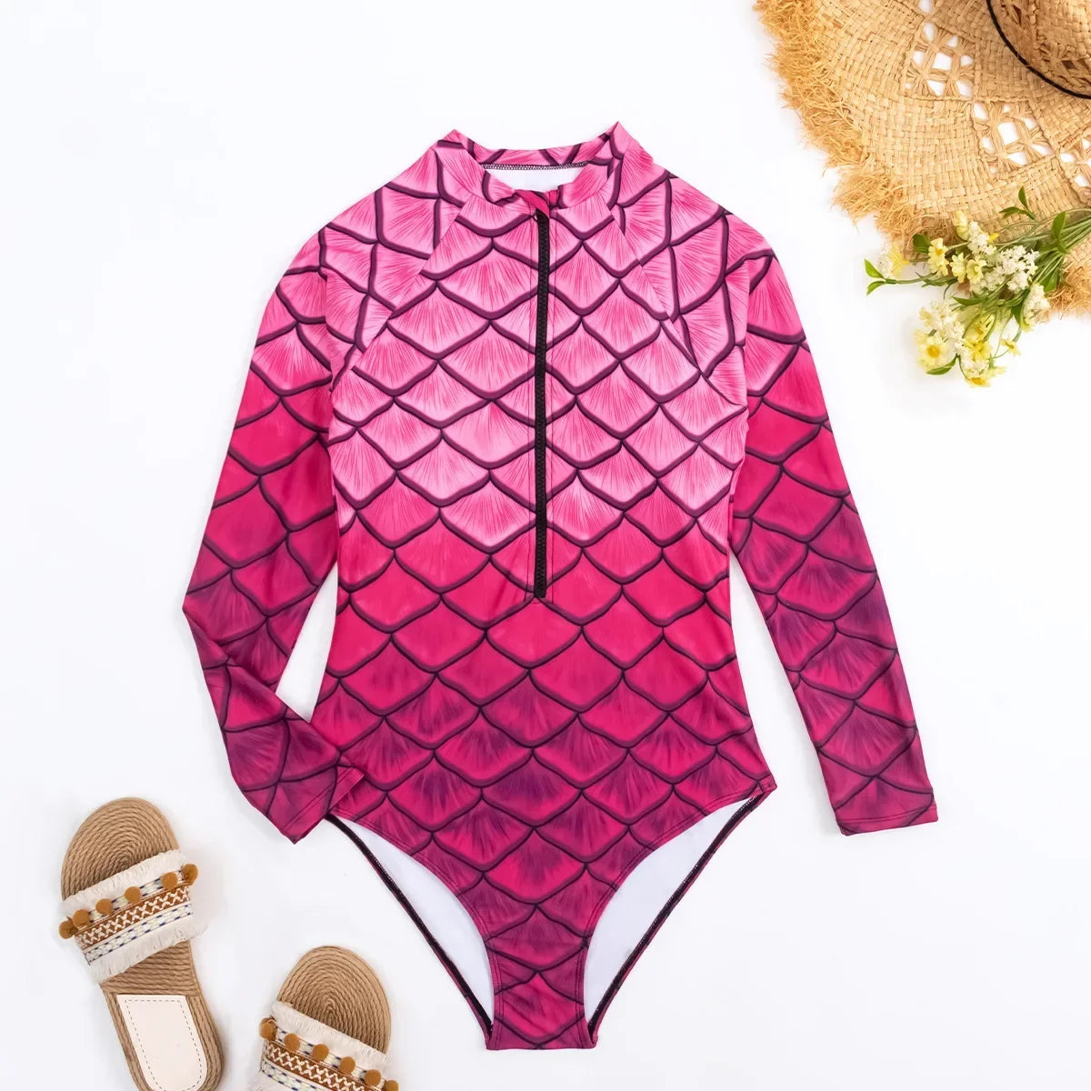 Long Sleeve One Piece Swimsuit Zipper Swimwear Women Bathing Suit Sports Surfing Suits Swim Wear Print Beachwear Summer Holiday