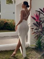S - XL V Neck Slit Long Dress Sexy Mesh Backless Knitted Crochet Tunic Beach Cover Up Cover-ups Beach Dress Beachwear V3767B
