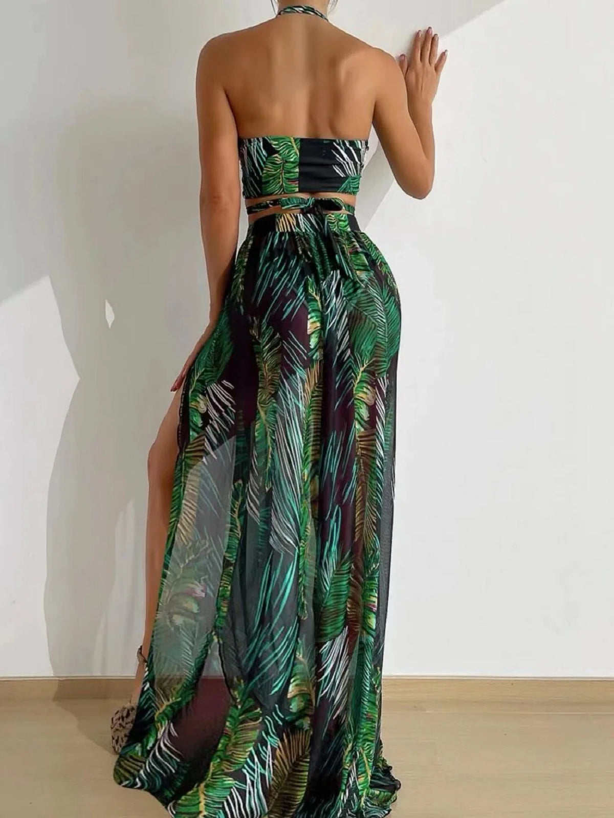 2024 Halter Criss Cross Bikini Tropical Print Swimsuit & Beach Dress 3 Piece Sexy Swimwear Women Bathing Suit Beachwear Summer