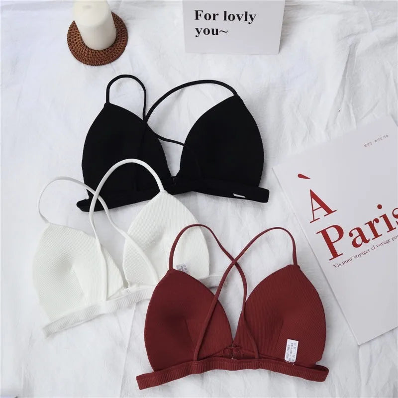 Front Closure Bra Deep V Bras For Women Thin Cross Straps Wire Free Brassiere Pdded Bralette Women's Underwear Sexy Lingerie