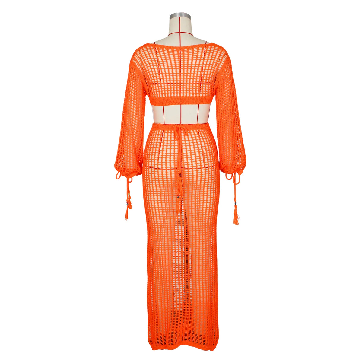 DEKA Women Knitted Backless Cover Up Swimsuit Long-sleeved Crochet Hollow Out Dress Summer Beach Vacation Outfit Beach Dress