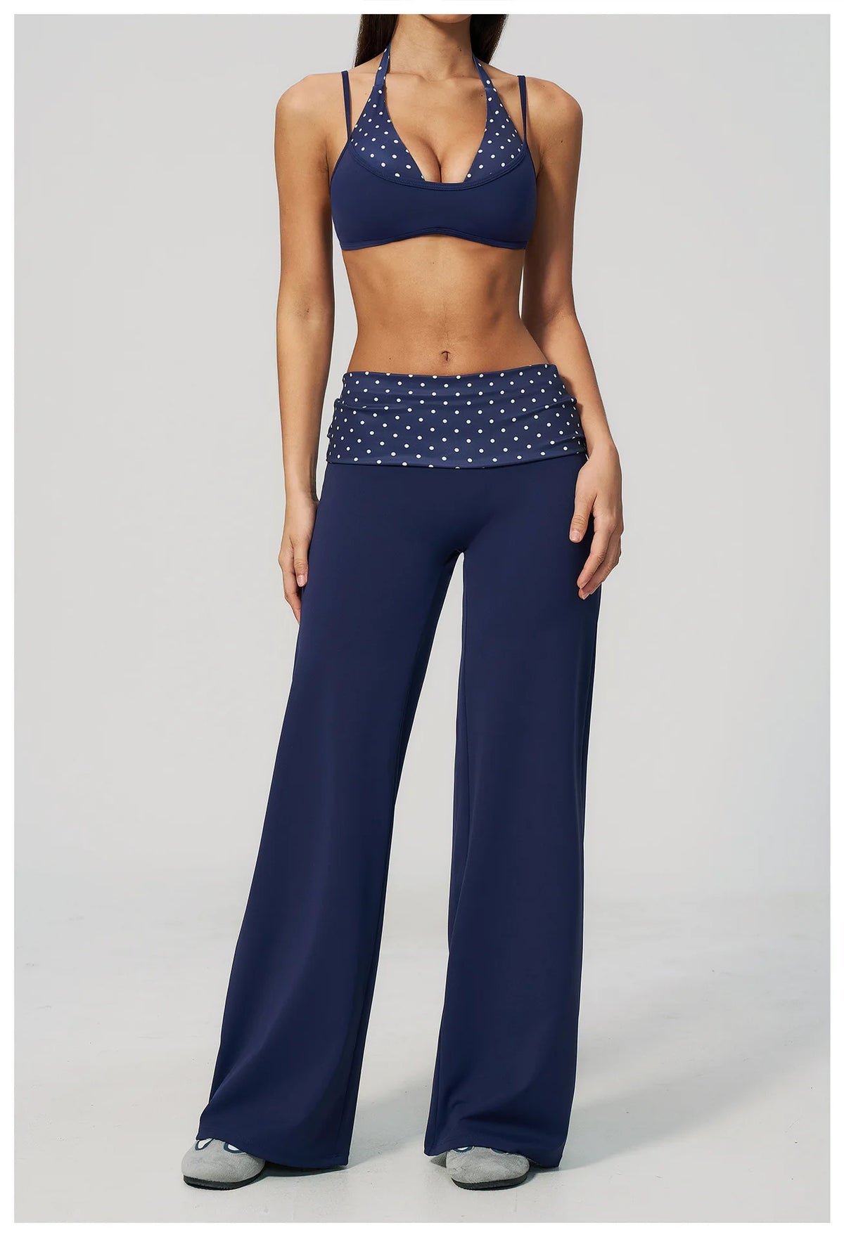 Fake Two-piece Sports Bra Yoga Sets Women Coffee Striped Patchwork Folding High Waist Wide Leg Pants Gym Running Fitness Suits