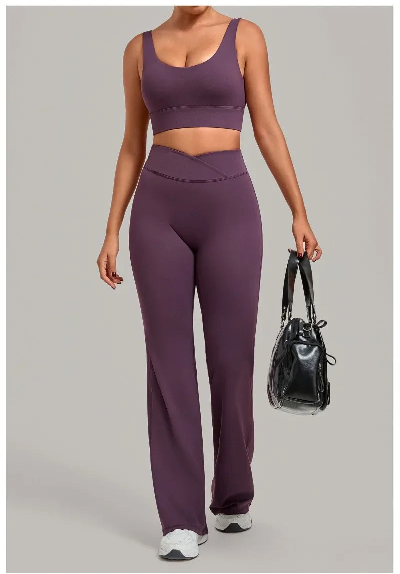 Women's Seamless Yoga Sets Sports Fitness Hip-lifting High Waist Flared Pants Backless Bra Suits Training WorkoutLeggings Sets