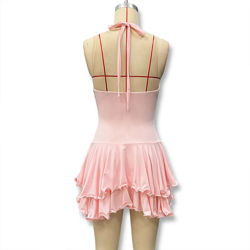 Hot Girl Slim Halter Neck Mini Dress Solid Color V-neck Single-breasted Layered Ruffles Bodycon Short Dresses Fashion Female New