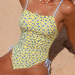 DEKA S - XL Flower Floral V Neck One Piece Swimsuit Women Yellow Swimwear Female Monikini High Cut Leg Padded Bather Bathing Sui