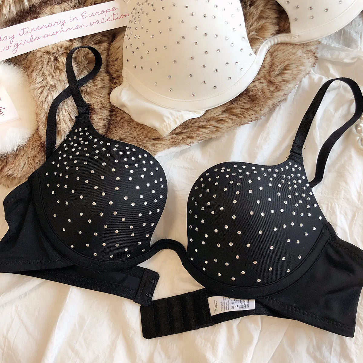 Fashion Hot Drill Lingerie Sexy Women Push Up Bra Shining Zircon Decoration Brassiere Invisible U-shaped Thickened Cup Underwear