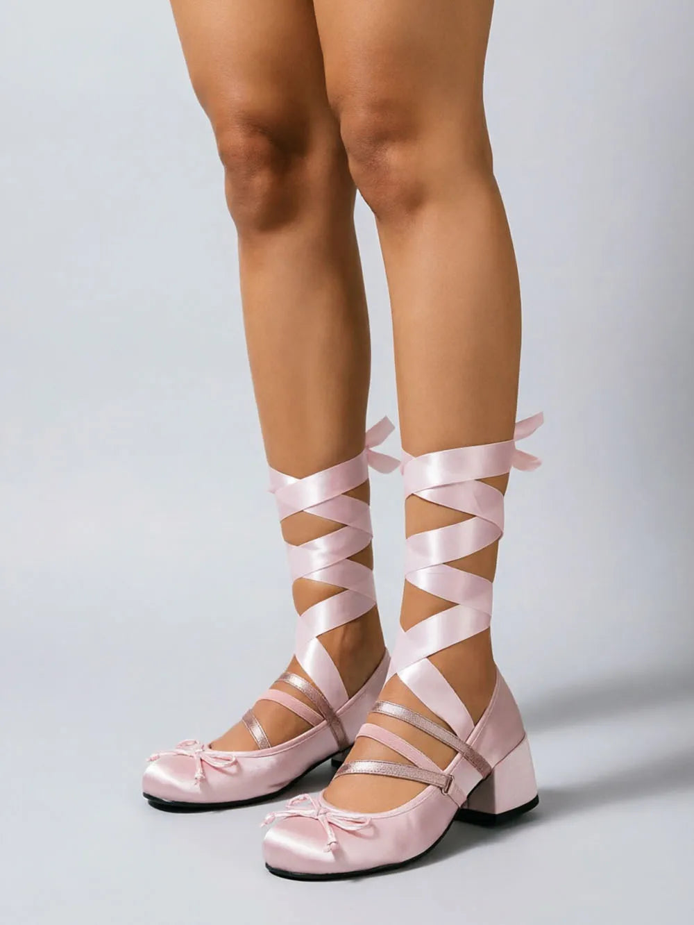Pink Satin Ballet Style Heels Women Pumps Round Toe Ballerina Ribbon Wrap Leg Tie Up Chunky Block Mid Heel Cosplay Dress Shoes