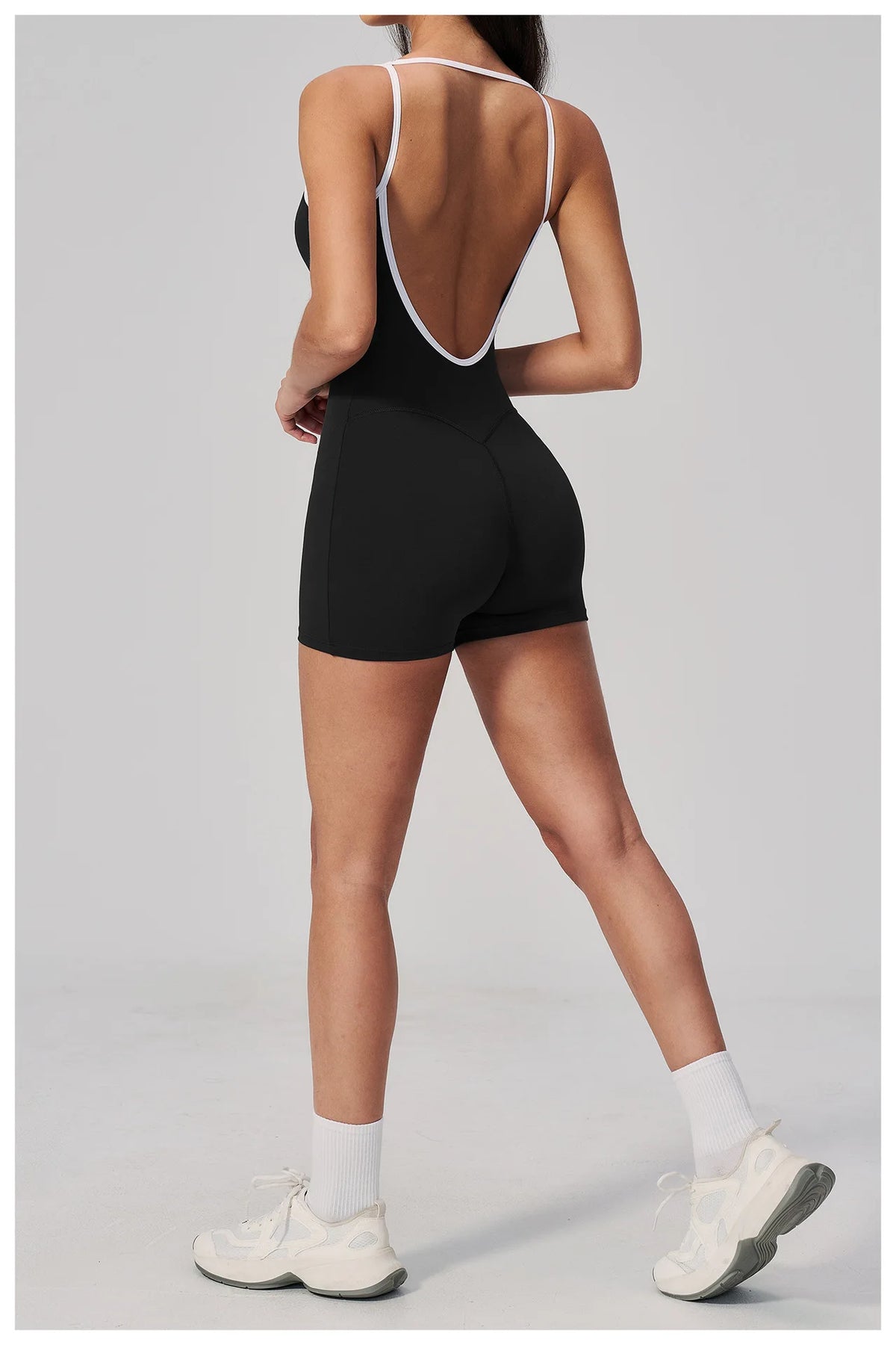 Tight Fitting One-piece Yoga Suit Women Color Bloack Square Collar Hollow Out Backless Butt-Lifting Gym Sports Short Jumpsuit