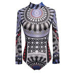 Women Mesh Bodysuits Vintage Ethnic Printed Long Sleeve Leotard Body Top See Through Sexy Club Overalls Shirts