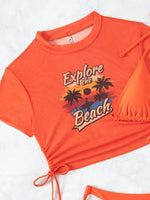 2026 Black Crop Top Swimwear Women Summer Sexy Beachwear Mesh Short Sleeve Cover Ups Top Three Piece Swimsuit Lace Up Bikini Set