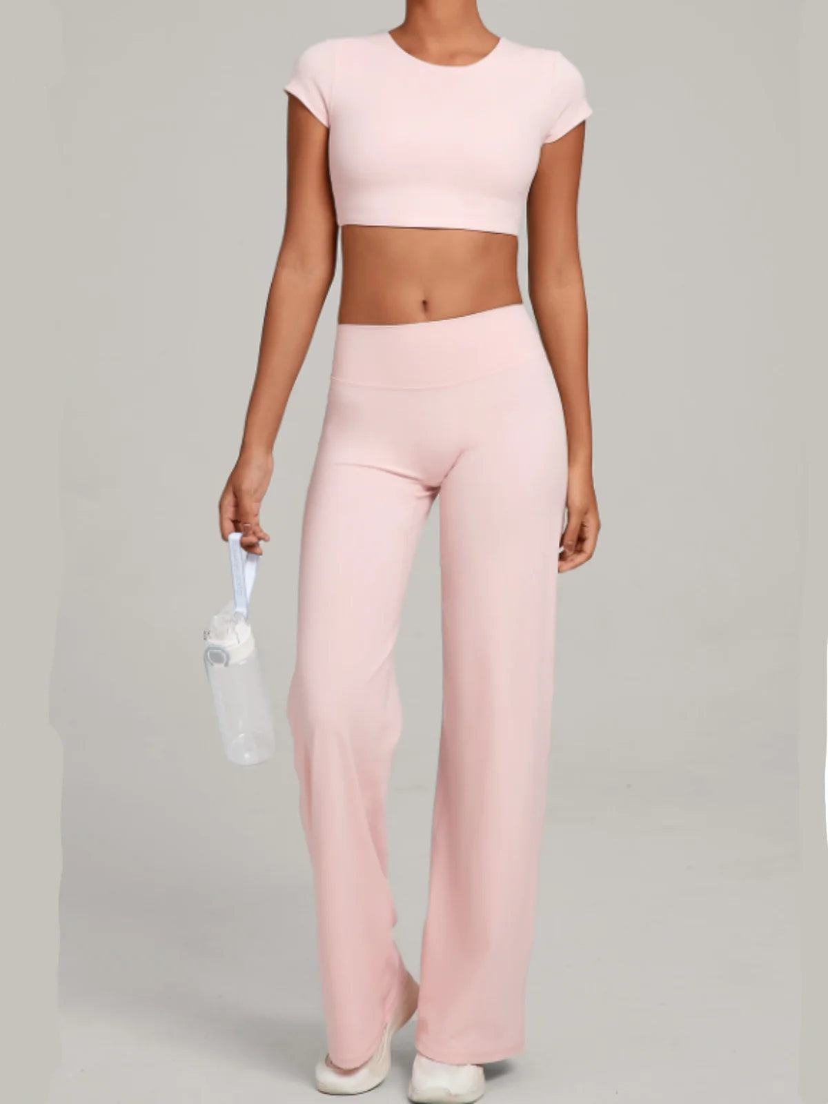 Women's Tracksuit Yoga Sets Back Hollow Out Short Sleeve Sports Shirts High Waist Straight Leg Pants Gym Running Fitness Suits
